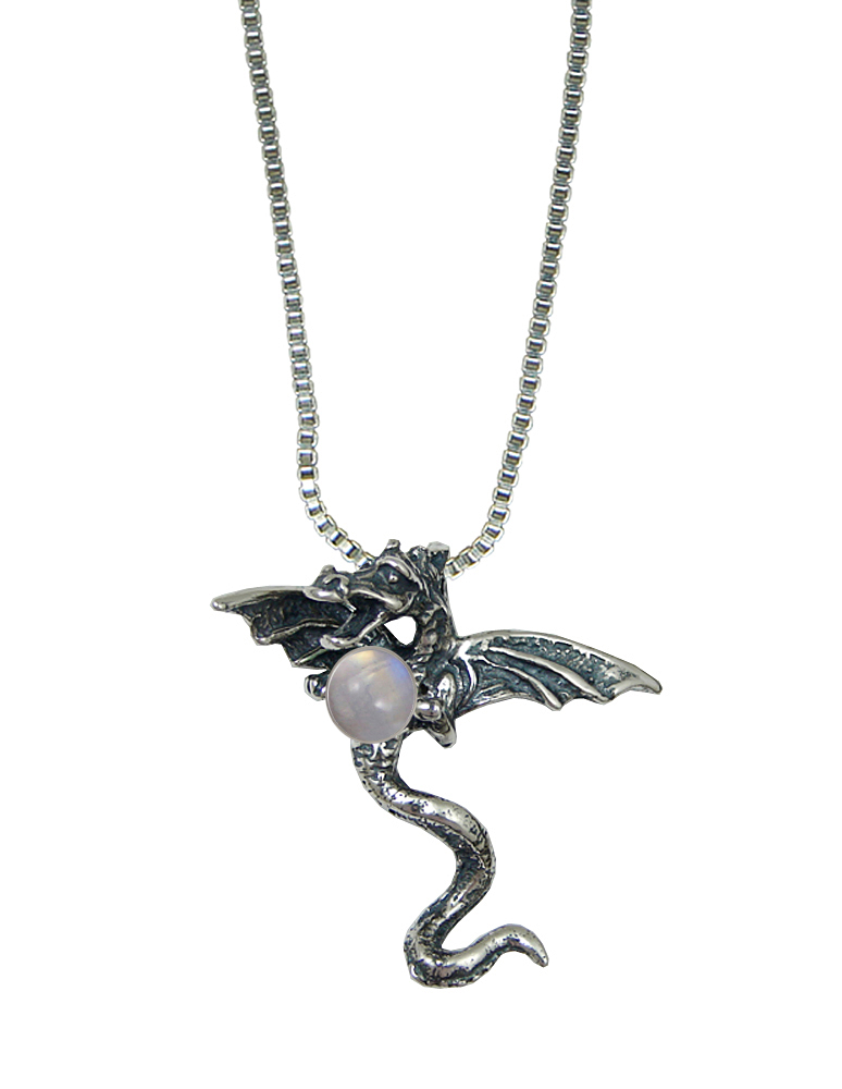 Sterling Silver 3D Dragon Pendant With Rainbow Moonstone